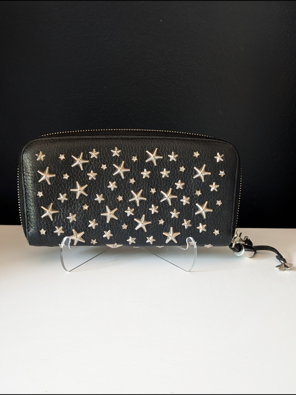 Jimmy Choo Black Leather Wallet with Silver Star Studs and Crystal Stars